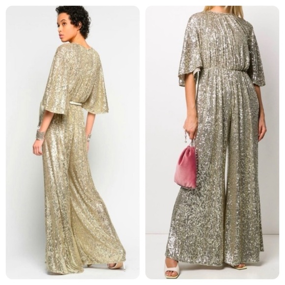 NWT PINKO Aquarius Gold Sequin Jumpsuit Flared Sleeve Wide Leg Cocktail US 6 - Picture 9 of 14